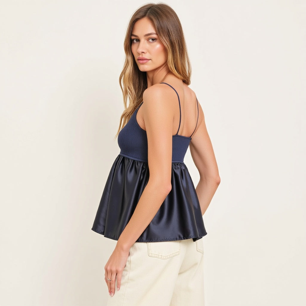 Knit Ribbed Bodice Satin Babydoll Cami Top with Spaghetti Straps