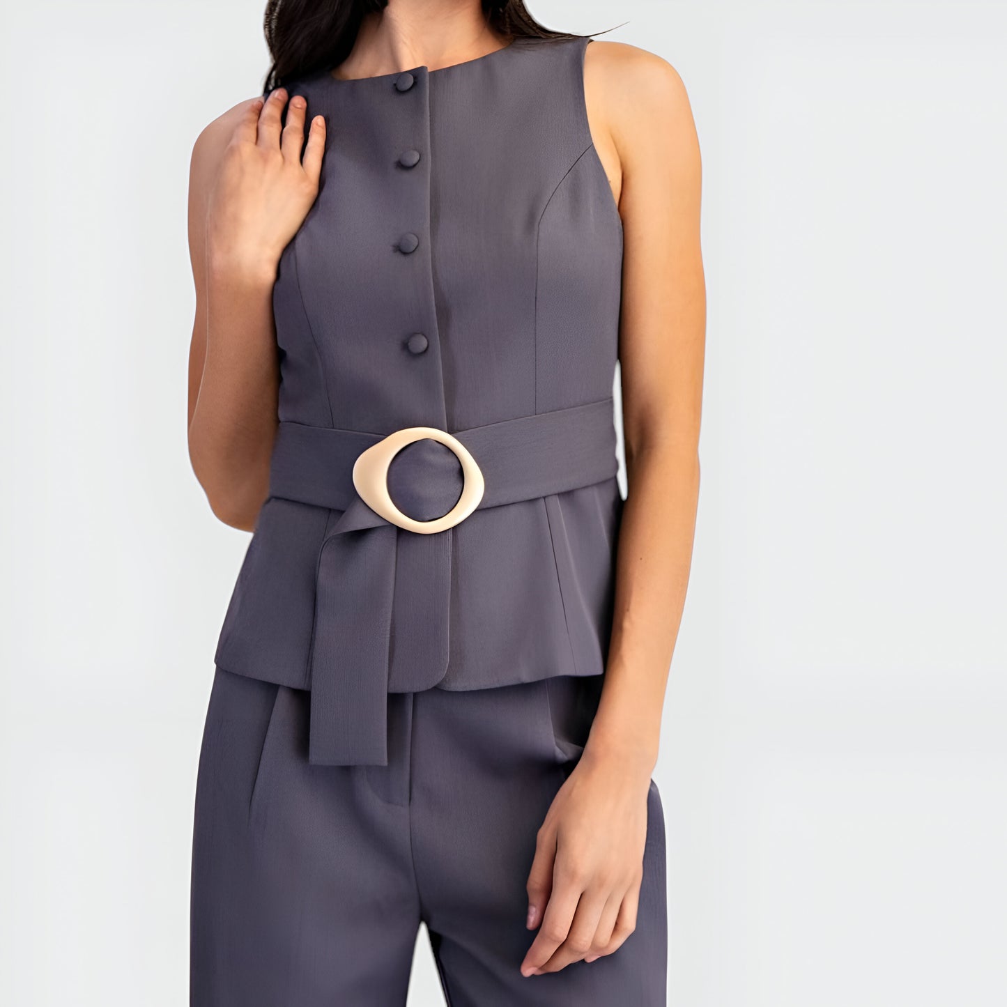 Sleeveless Tailored Top with Covered Buttons and Statement Belt