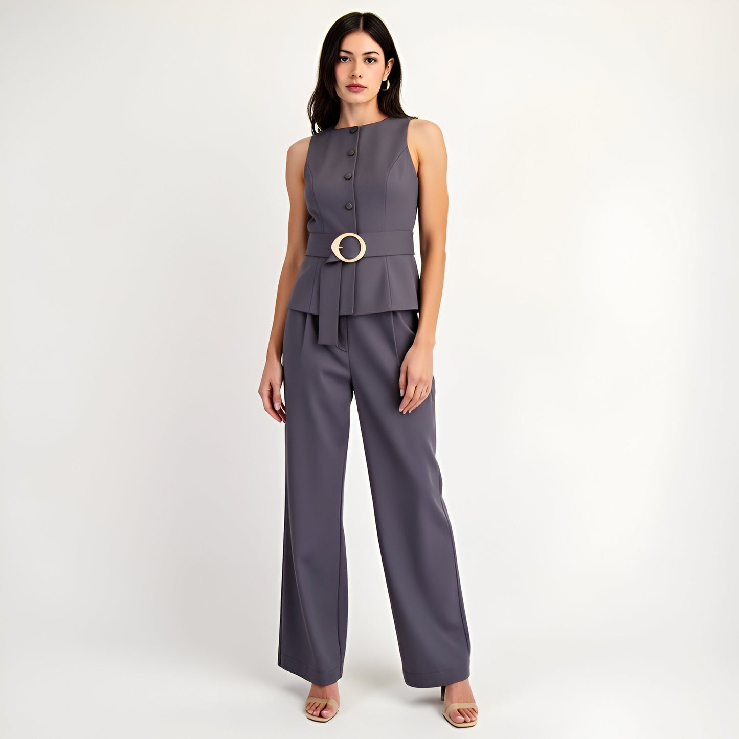 Sleeveless Tailored Top with Covered Buttons and Statement Belt
