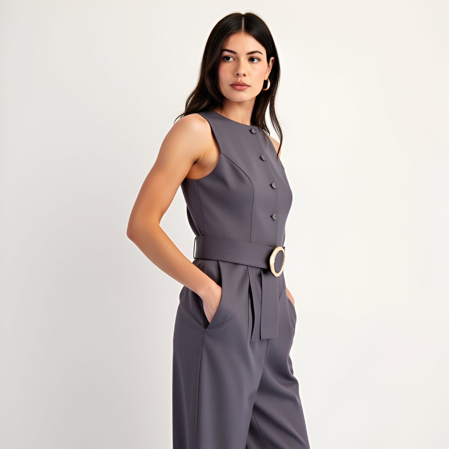 Sleeveless Tailored Top with Covered Buttons and Statement Belt
