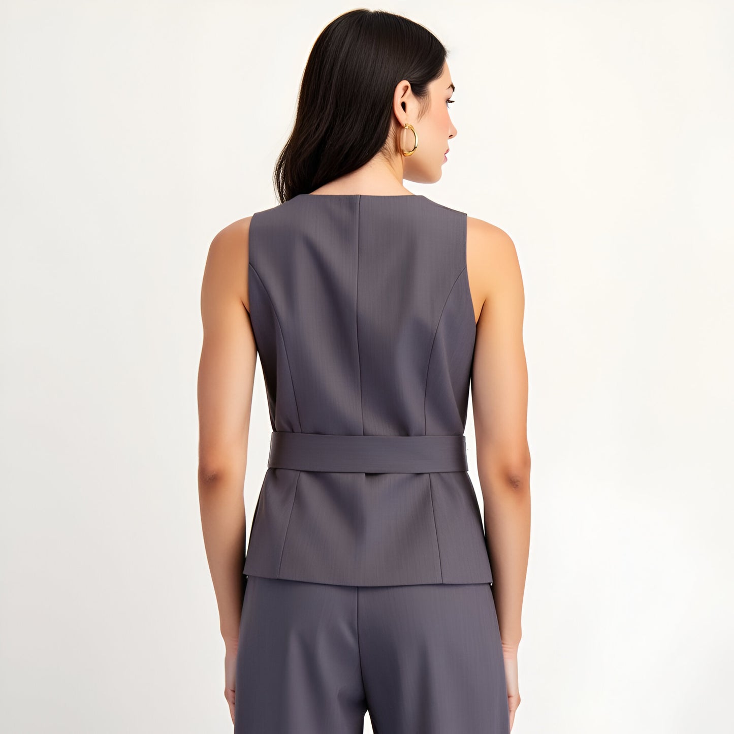 Sleeveless Tailored Top with Covered Buttons and Statement Belt