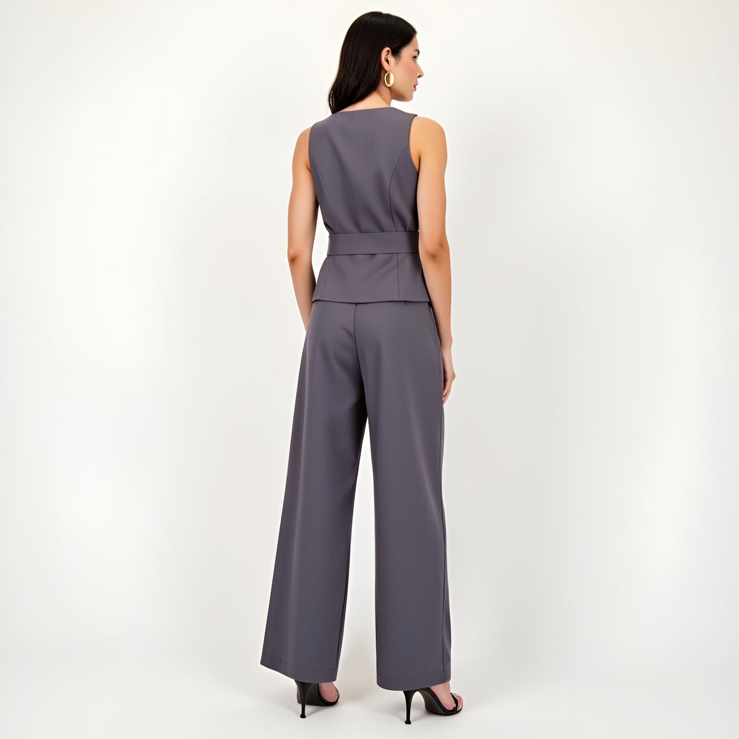 Sleeveless Tailored Top with Covered Buttons and Statement Belt