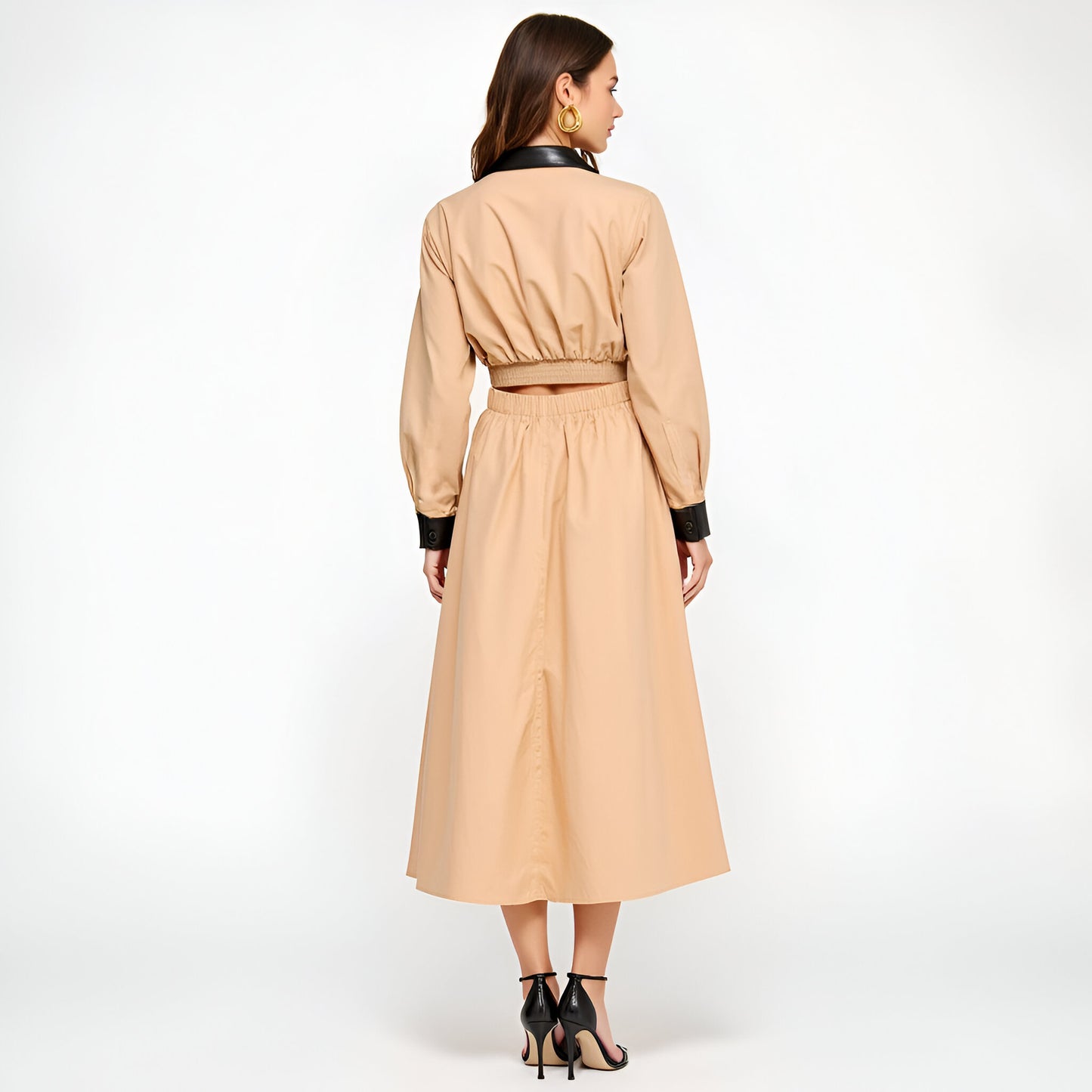 Long Sleeve Midi Shirt Dress with Faux Leather Trim and Side Pockets