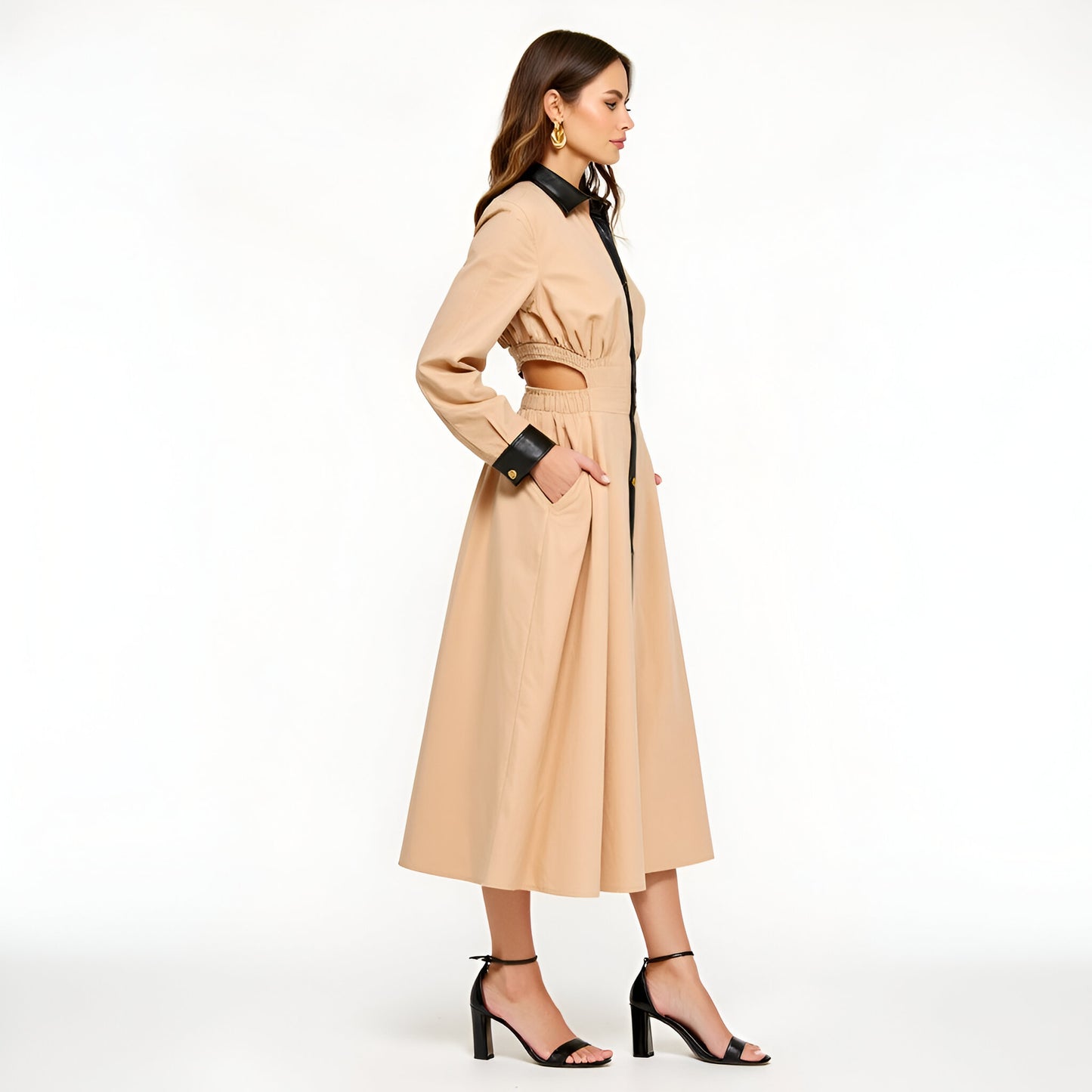 Long Sleeve Midi Shirt Dress with Faux Leather Trim and Side Pockets