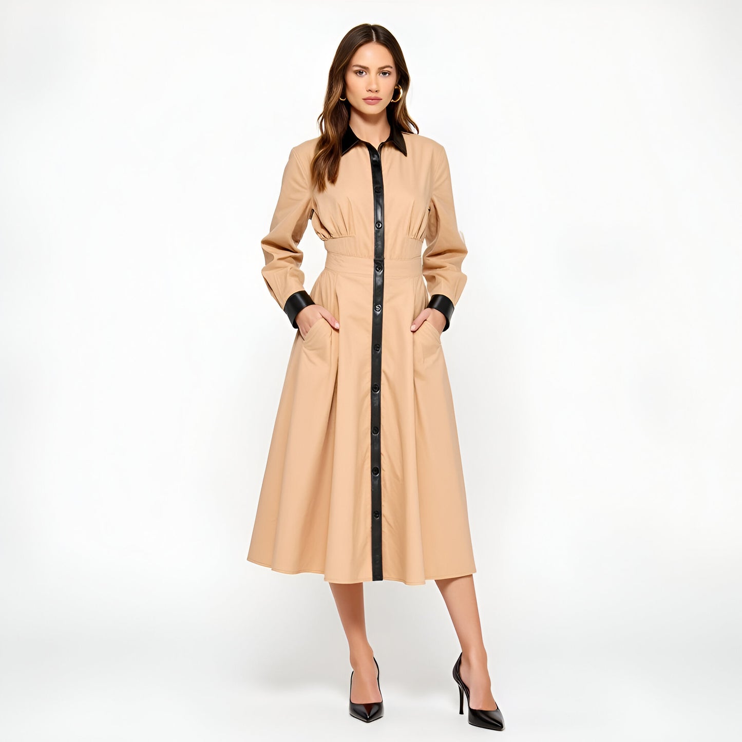 Long Sleeve Midi Shirt Dress with Faux Leather Trim and Side Pockets