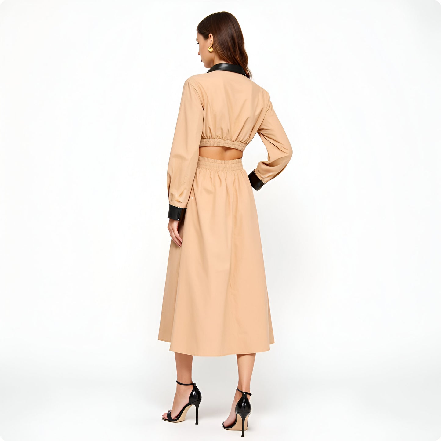 Long Sleeve Midi Shirt Dress with Faux Leather Trim and Side Pockets
