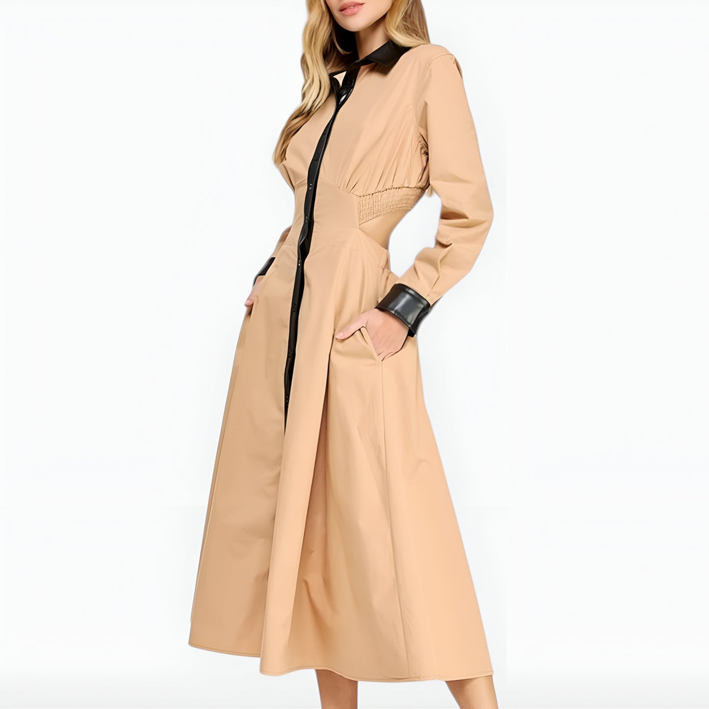 Long Sleeve Midi Shirt Dress with Faux Leather Trim and Side Pockets