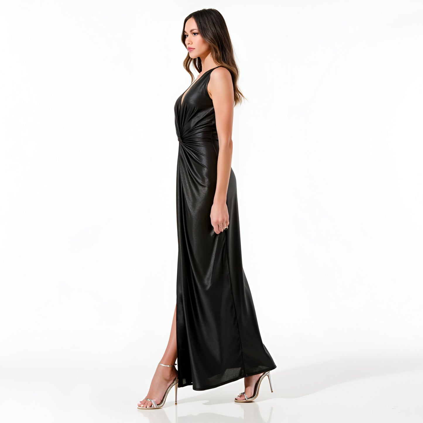 Sleeveless Plunging V-Neck Gown with Front Knot and Slit