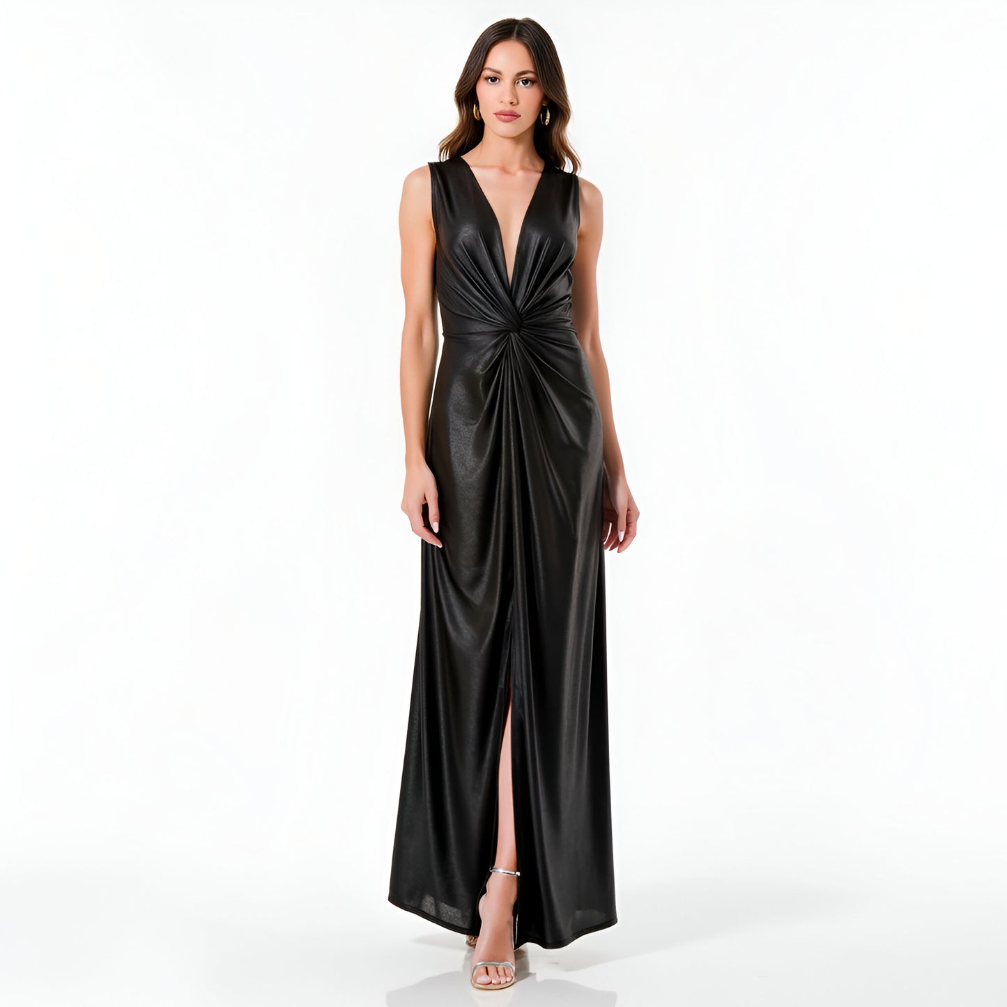 Sleeveless Plunging V-Neck Gown with Front Knot and Slit