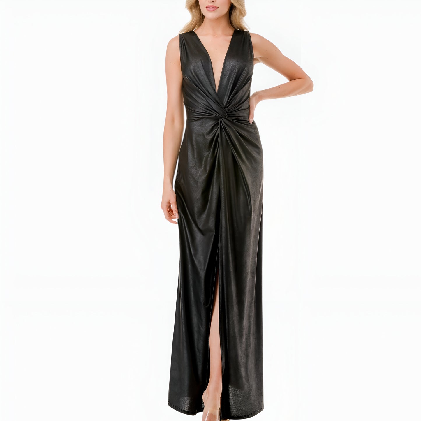 Sleeveless Plunging V-Neck Gown with Front Knot and Slit