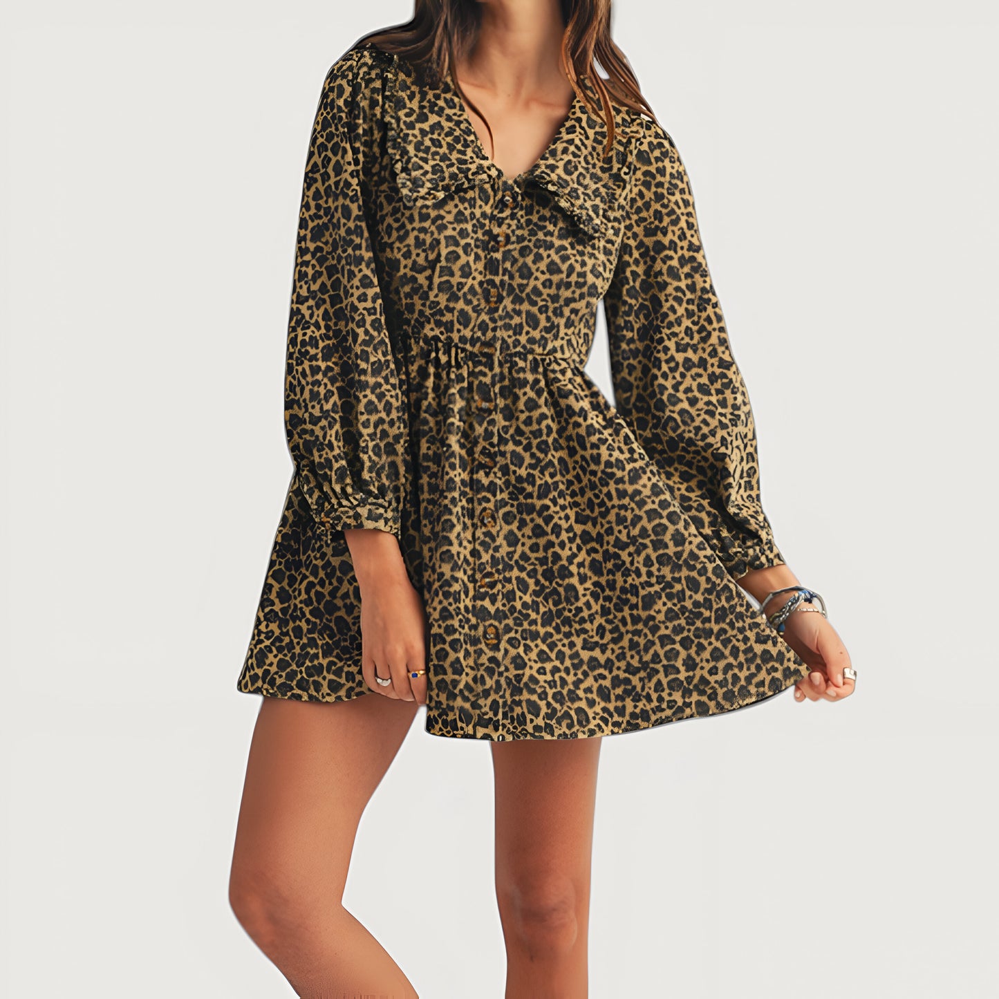 Leopard Print Long Sleeve Mini Dress with Oversized Collar