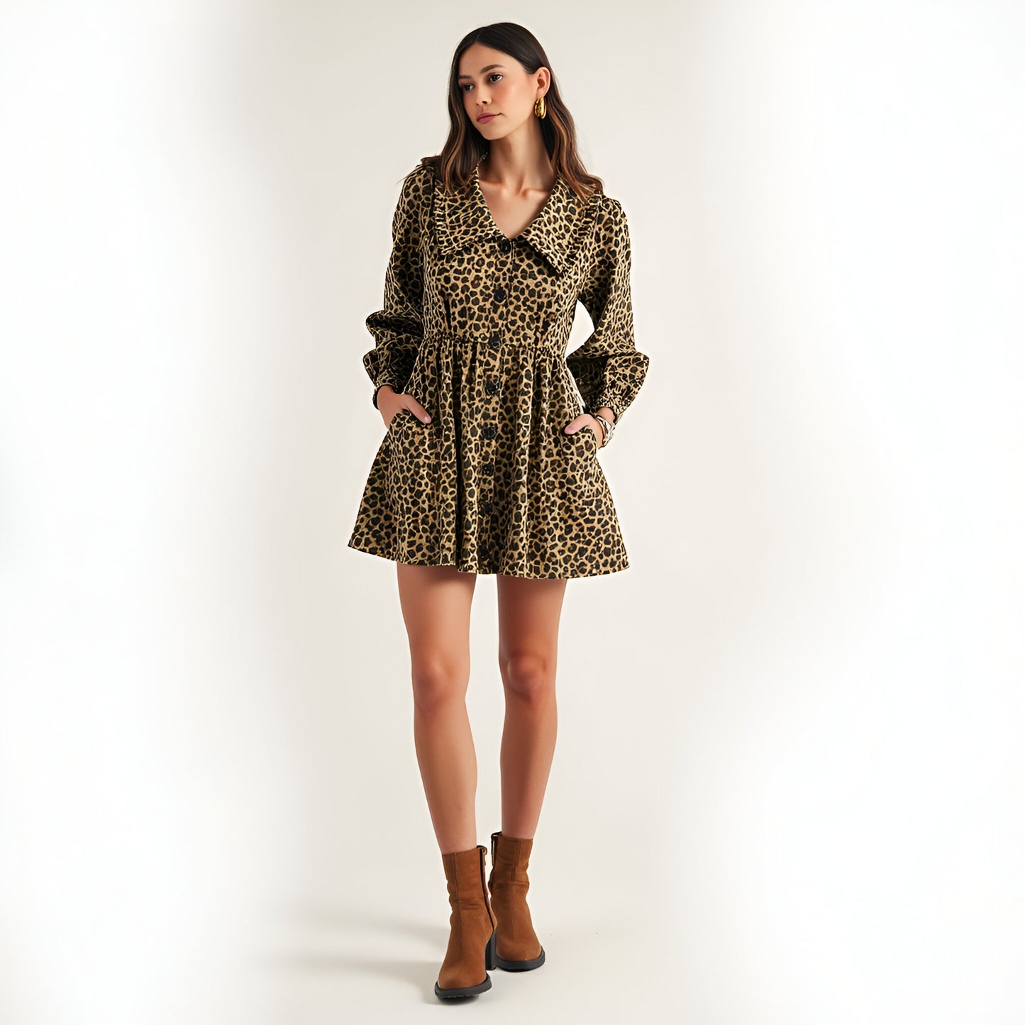 Leopard Print Long Sleeve Mini Dress with Oversized Collar