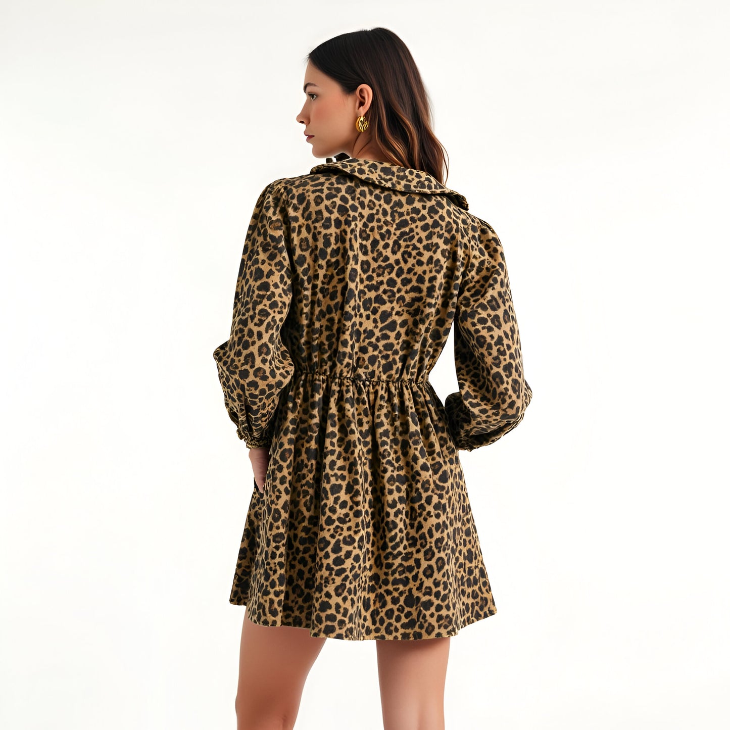 Leopard Print Long Sleeve Mini Dress with Oversized Collar