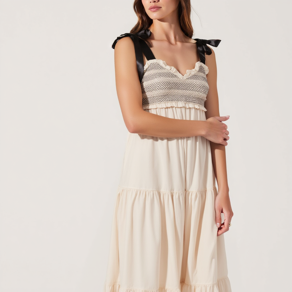 Smocked Lace-Trim Maxi Dress with Satin Bow-Tie Straps