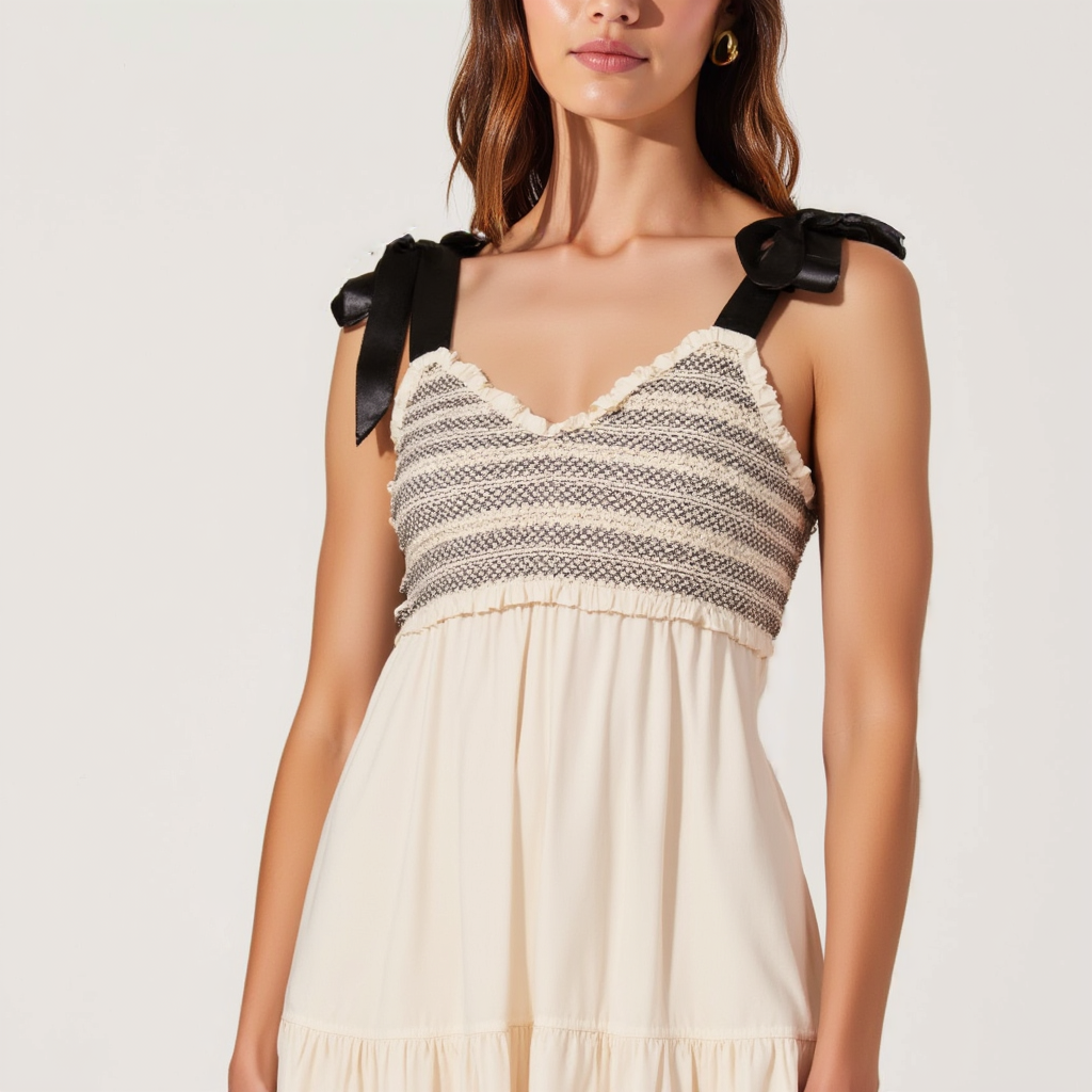 Smocked Lace-Trim Maxi Dress with Satin Bow-Tie Straps