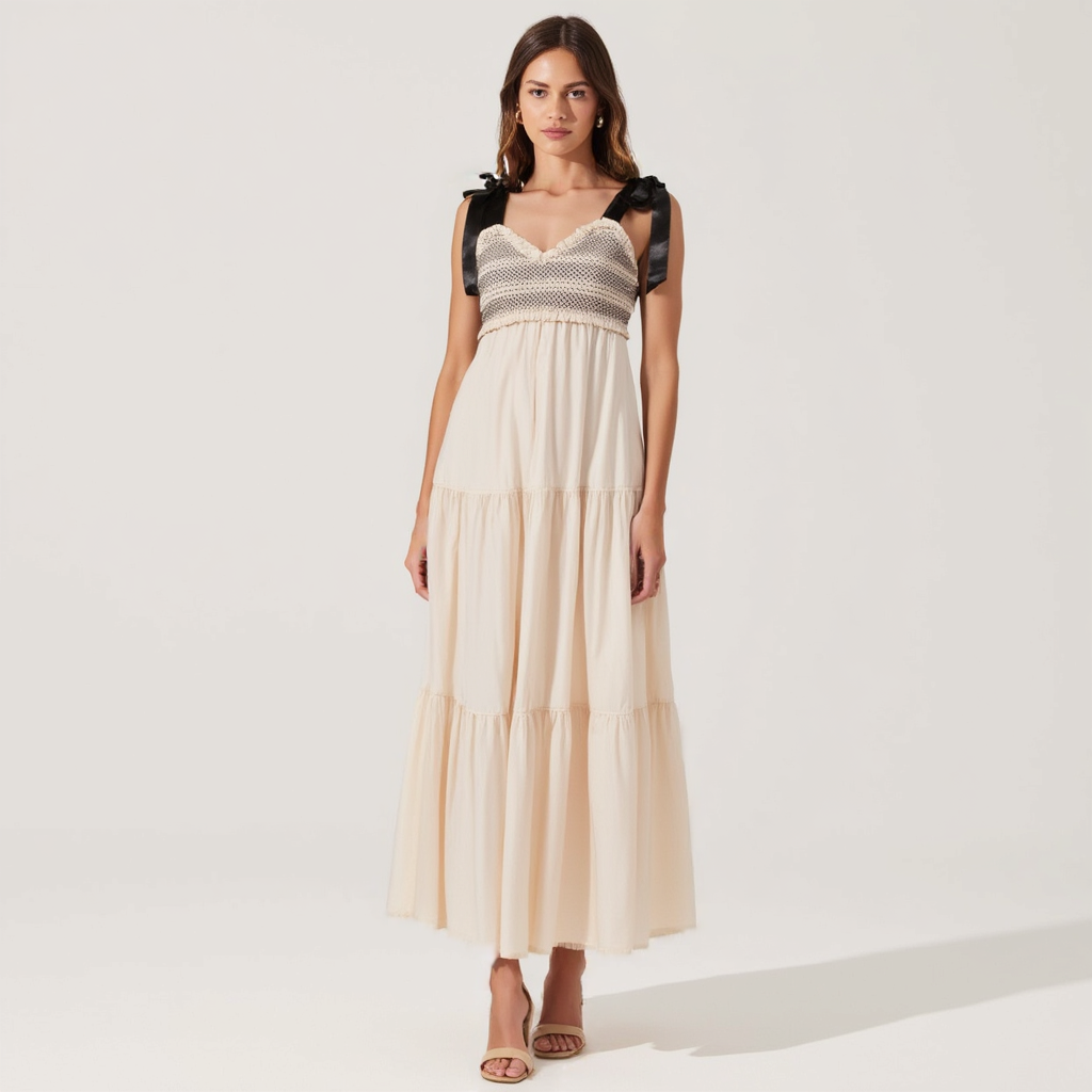 Smocked Lace-Trim Maxi Dress with Satin Bow-Tie Straps