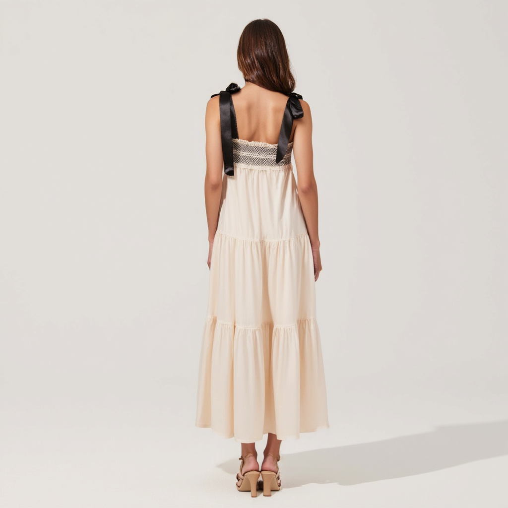 Smocked Lace-Trim Maxi Dress with Satin Bow-Tie Straps