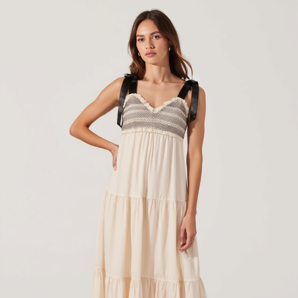 Smocked Lace-Trim Maxi Dress with Satin Bow-Tie Straps