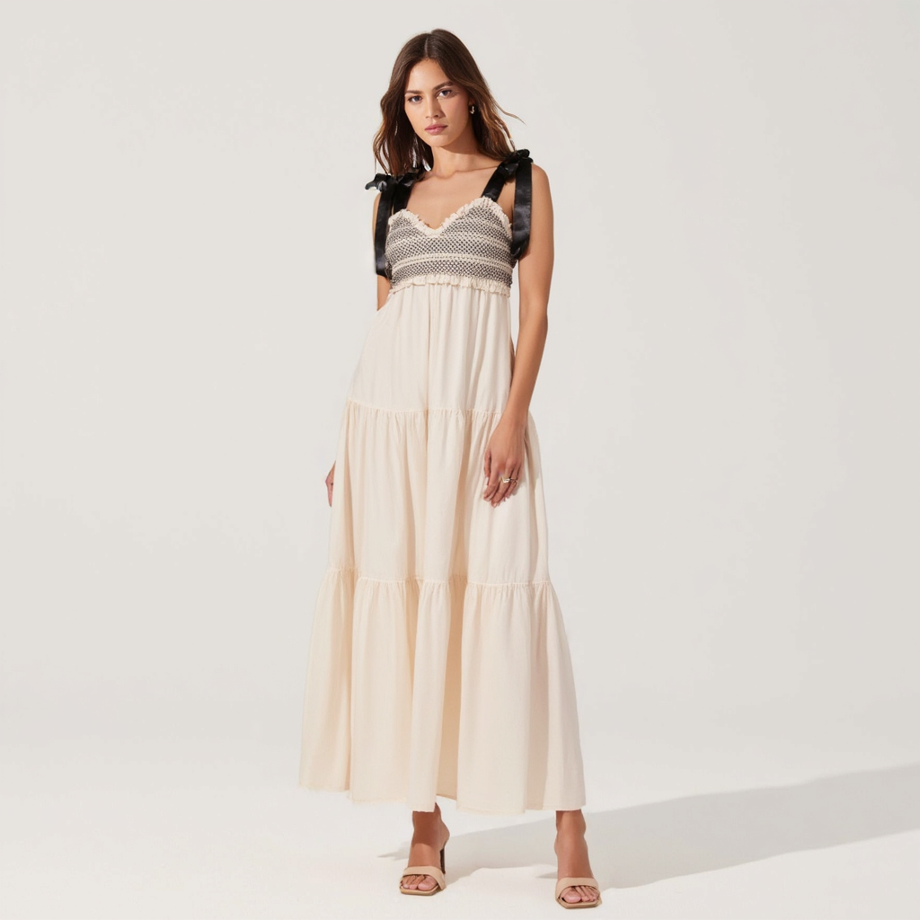 Smocked Lace-Trim Maxi Dress with Satin Bow-Tie Straps