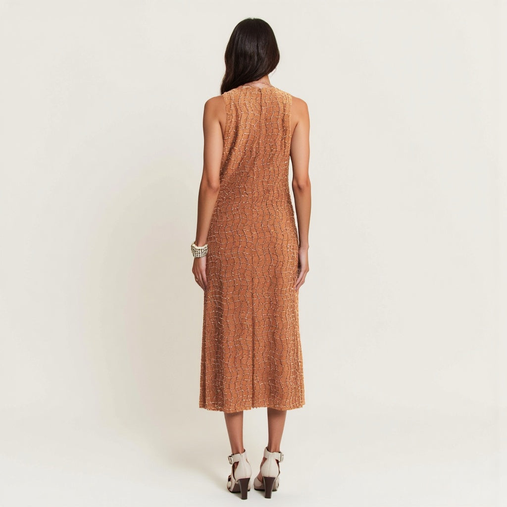 Golden Textured Zippered Midi Dress