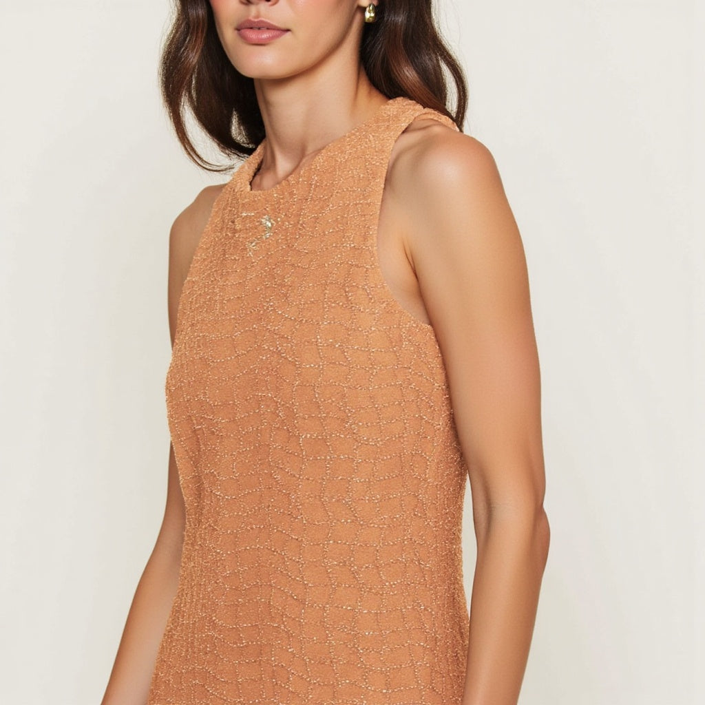 Golden Textured Zippered Midi Dress