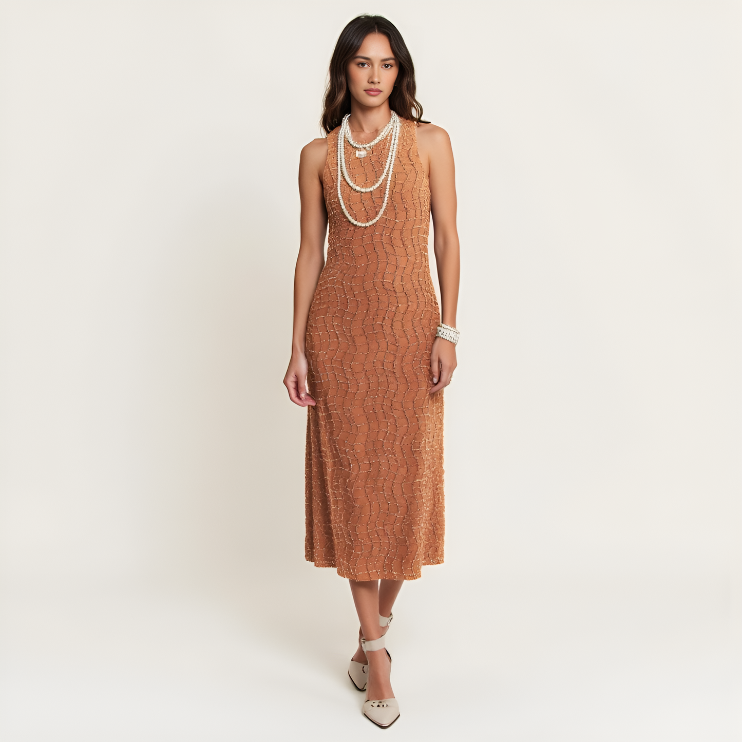 Golden Textured Zippered Midi Dress