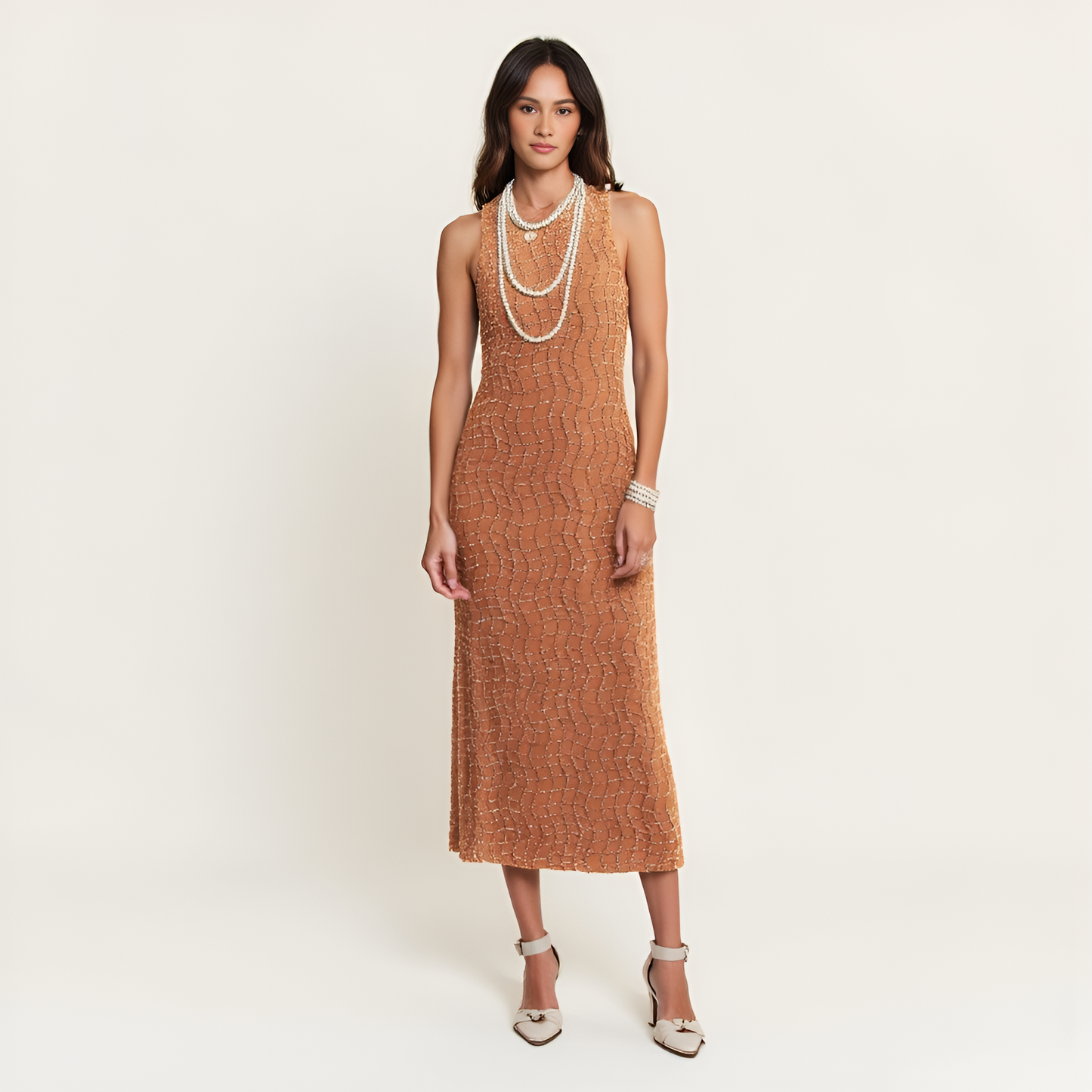 Golden Textured Zippered Midi Dress