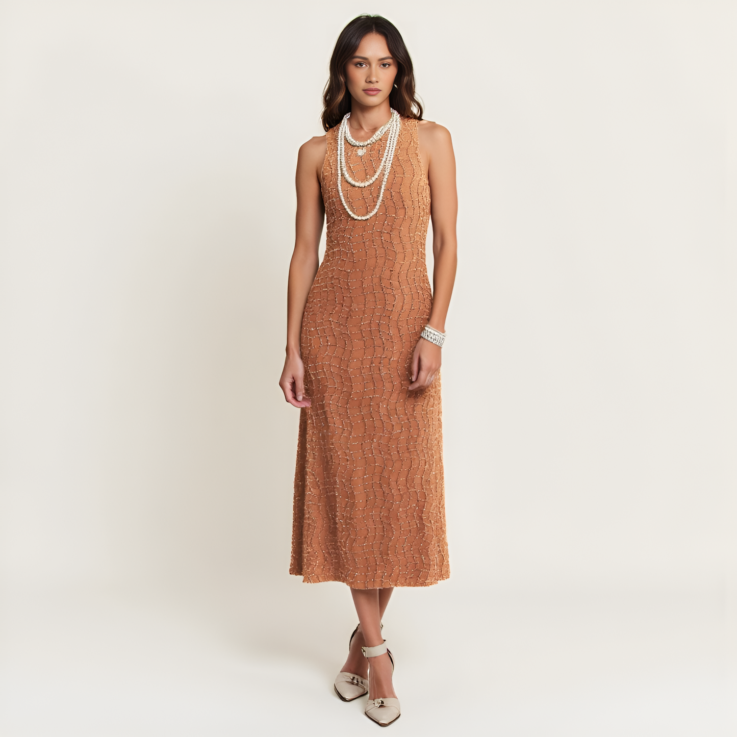 Golden Textured Zippered Midi Dress