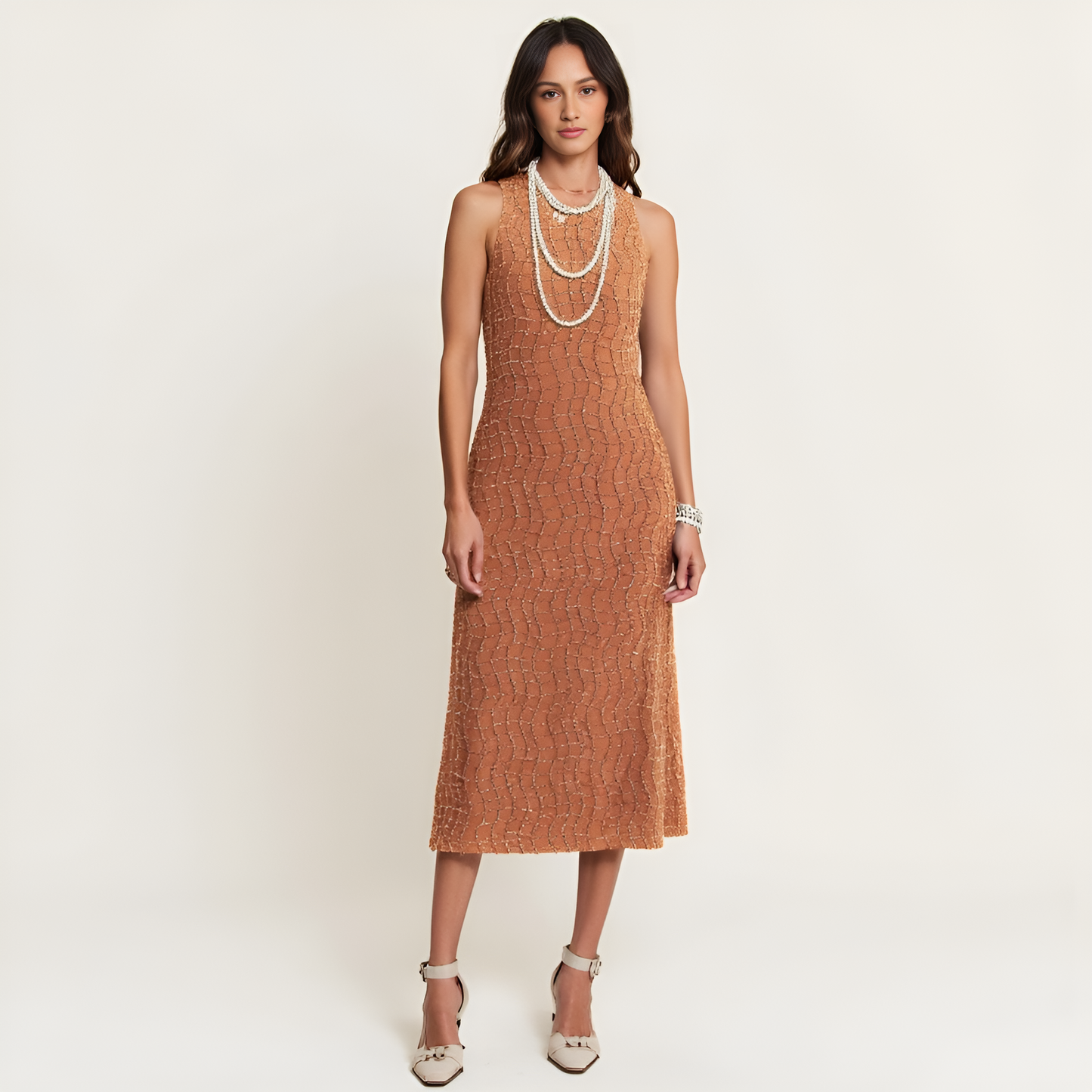 Golden Textured Zippered Midi Dress