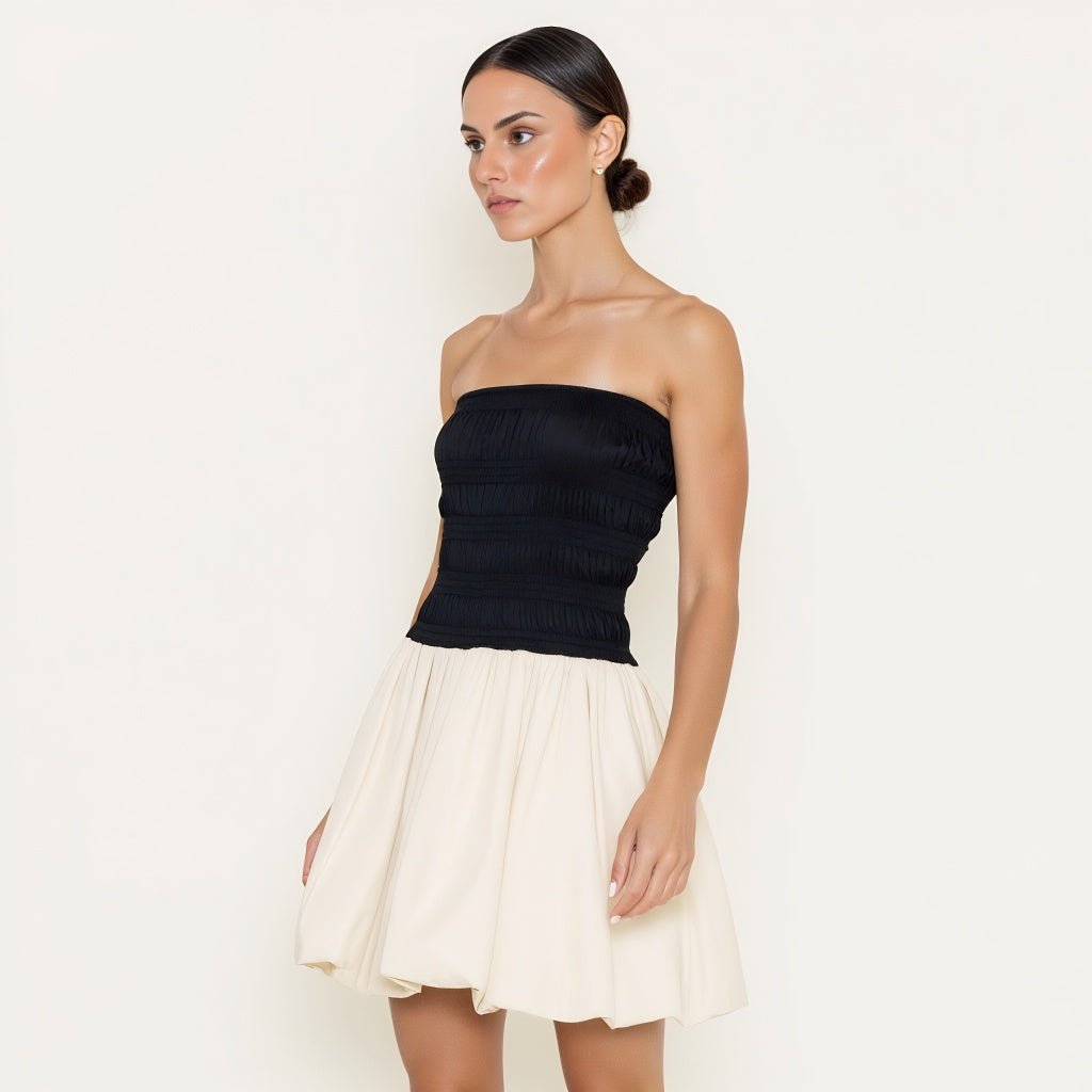 Strapless Bubble Hem Mini Dress with Smocked Bodice Contrast