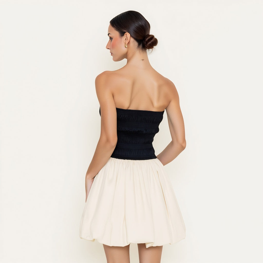 Strapless Bubble Hem Mini Dress with Smocked Bodice Contrast