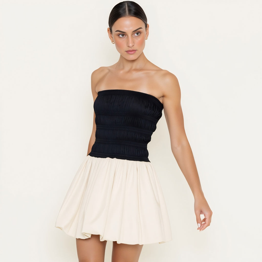 Strapless Bubble Hem Mini Dress with Smocked Bodice Contrast