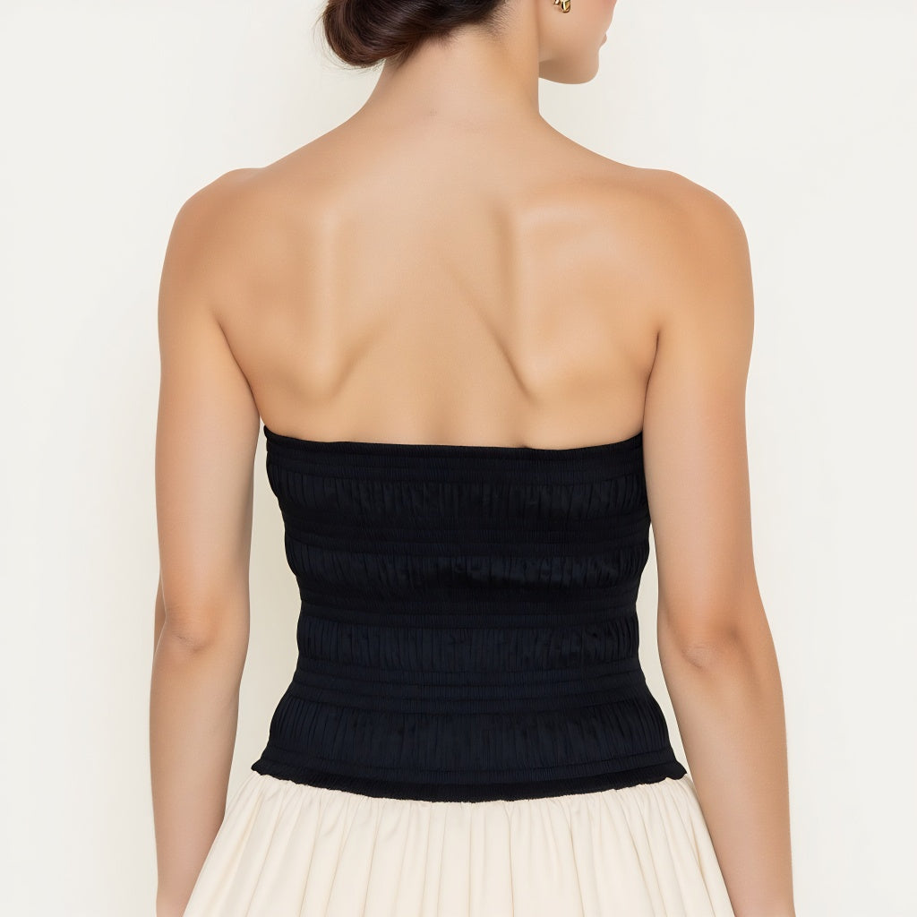 Strapless Bubble Hem Mini Dress with Smocked Bodice Contrast