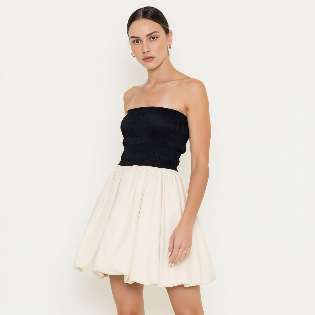 Strapless Bubble Hem Mini Dress with Smocked Bodice Contrast