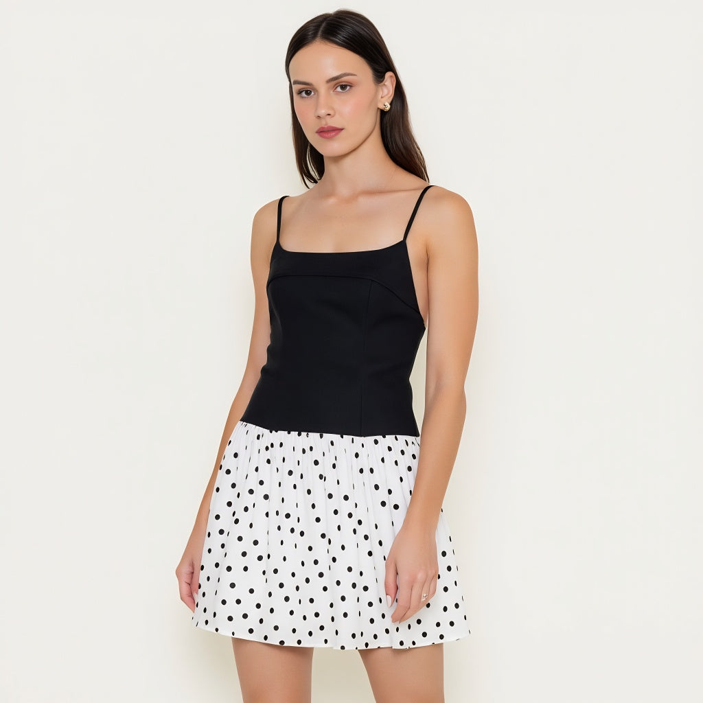 Spaghetti Strap Mini Dress with Polka Dot Pleated Skirt Contrast