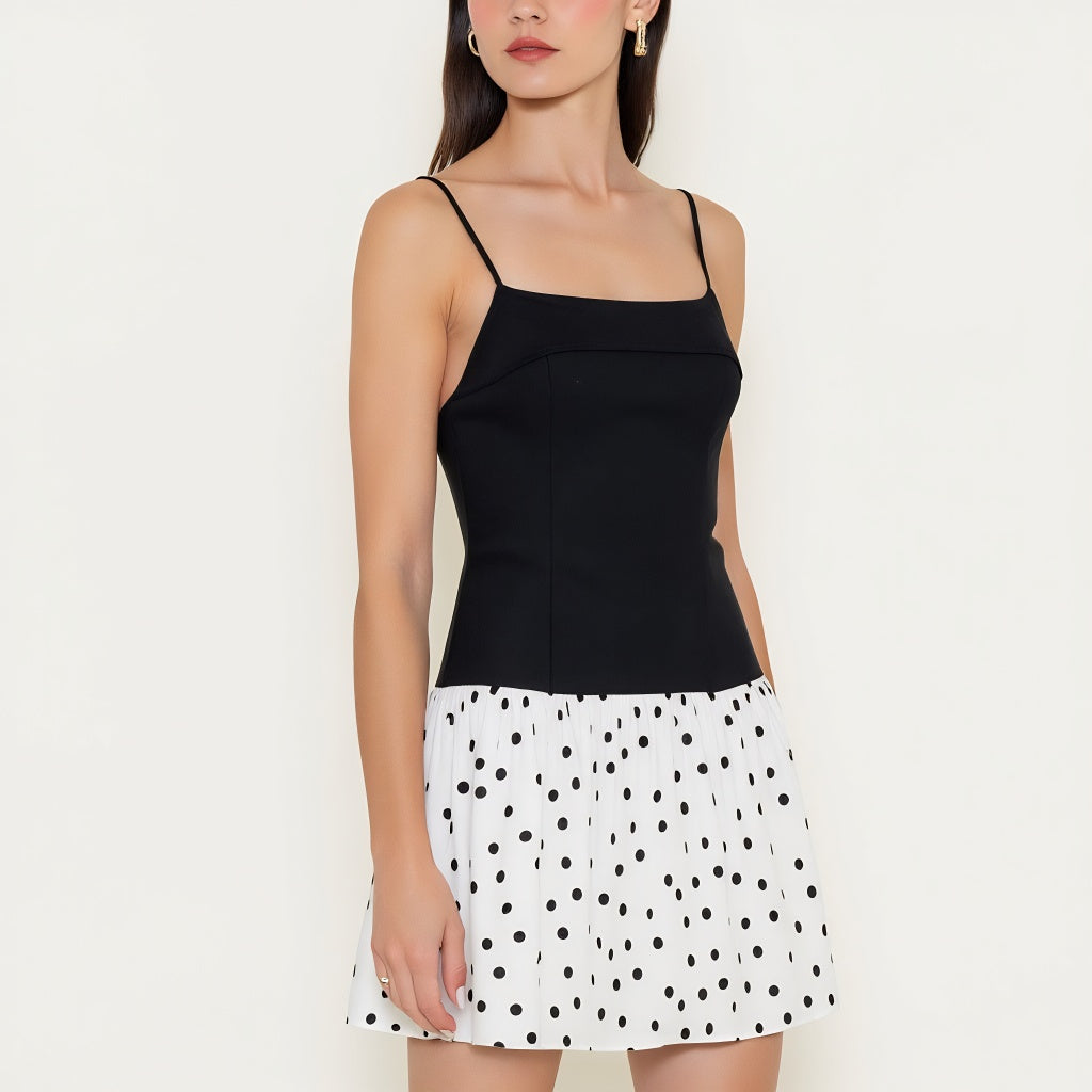Spaghetti Strap Mini Dress with Polka Dot Pleated Skirt Contrast
