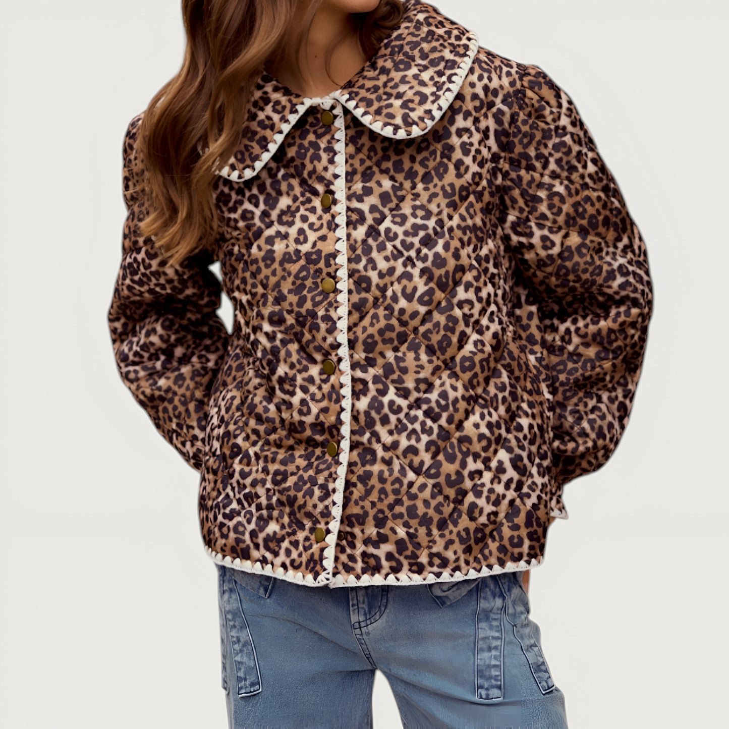 Leopard Print Button-Front Jacket with Contrast Trim and Collar