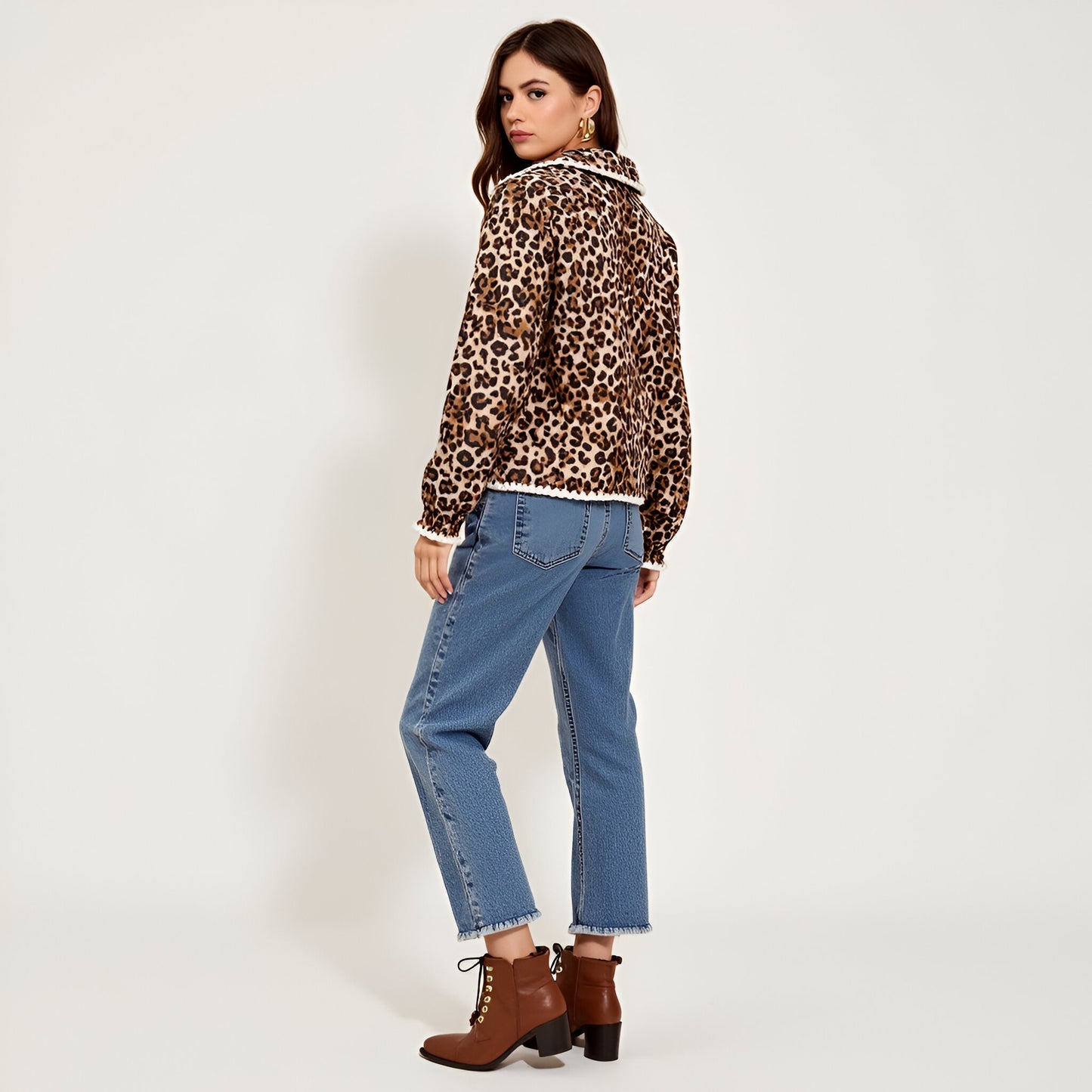 Leopard Print Button-Front Jacket with Contrast Trim and Collar