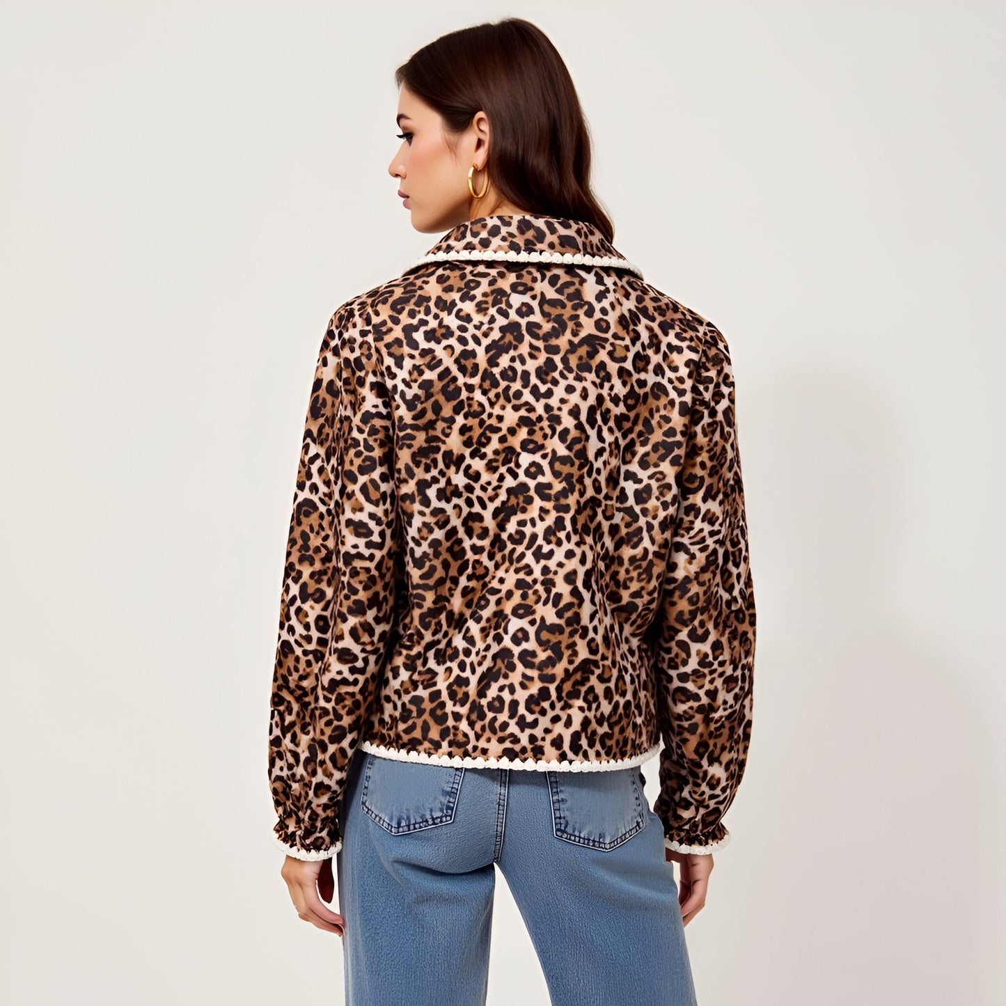 Leopard Print Button-Front Jacket with Contrast Trim and Collar