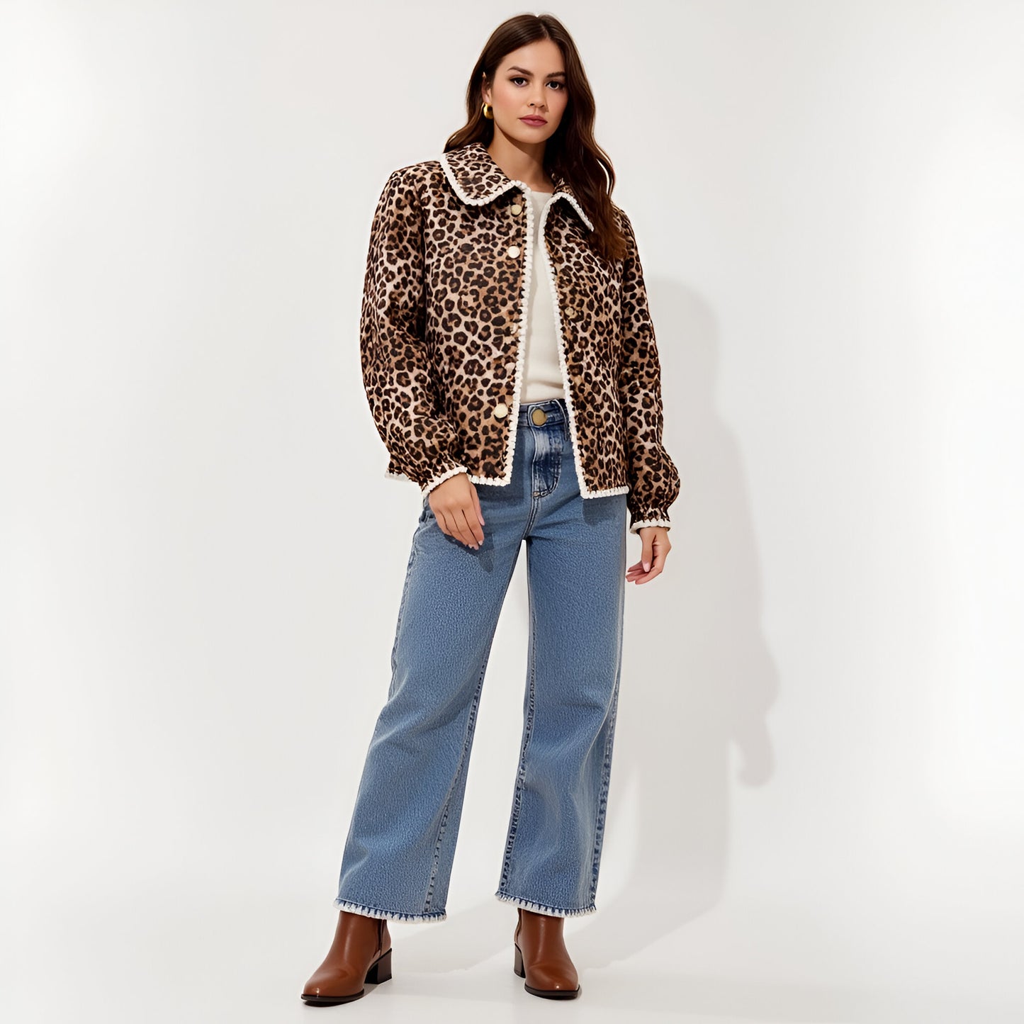 Leopard Print Button-Front Jacket with Contrast Trim and Collar