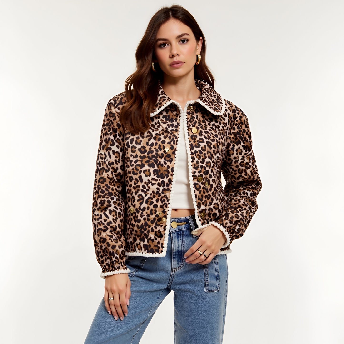 Leopard Print Button-Front Jacket with Contrast Trim and Collar