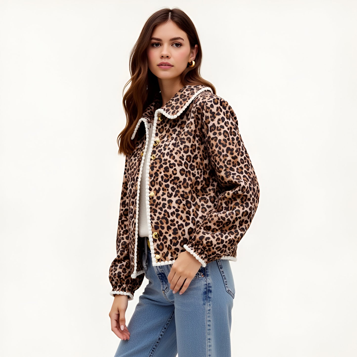Leopard Print Button-Front Jacket with Contrast Trim and Collar