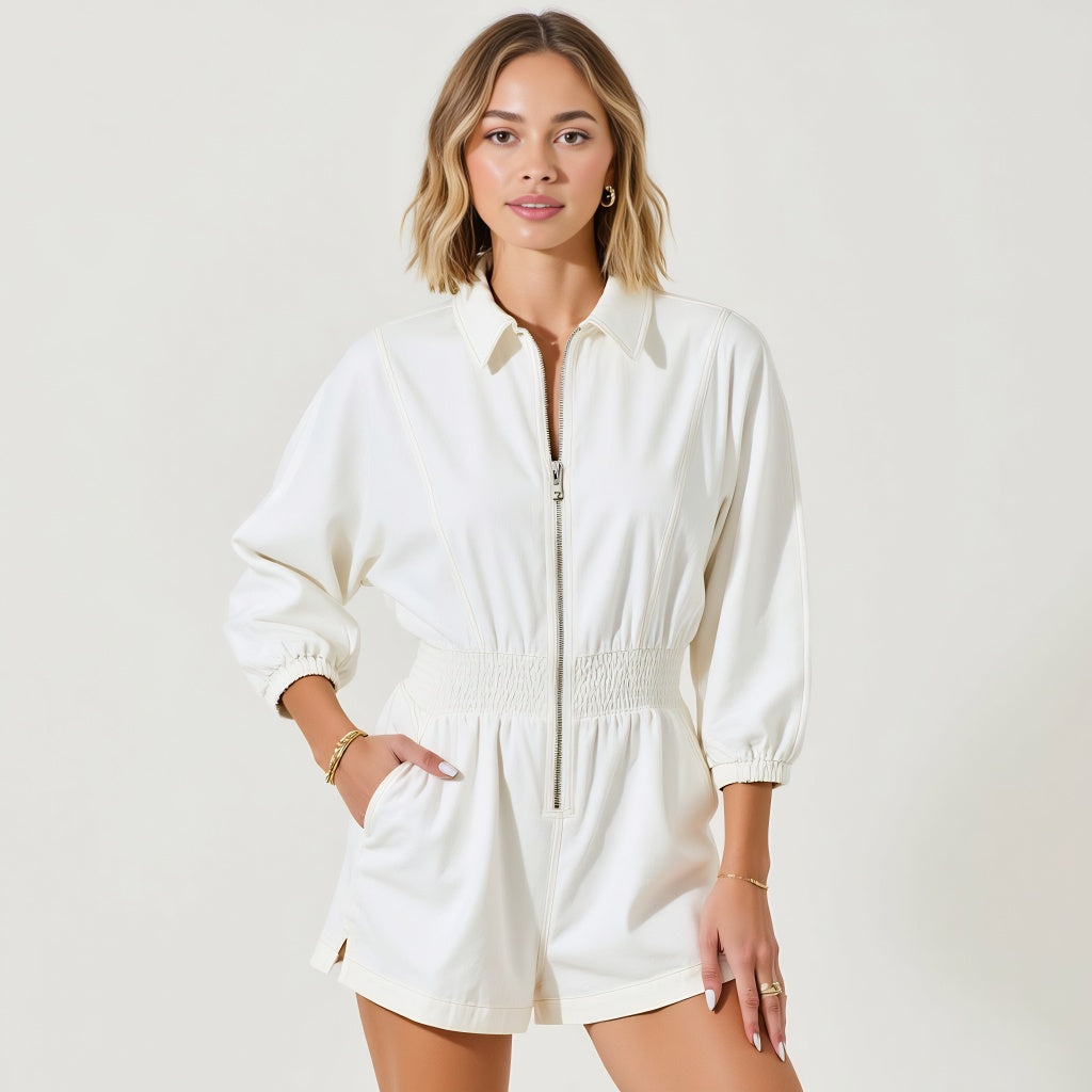 Zip Front Long Sleeve Romper with Elastic Waist and Collar Detail