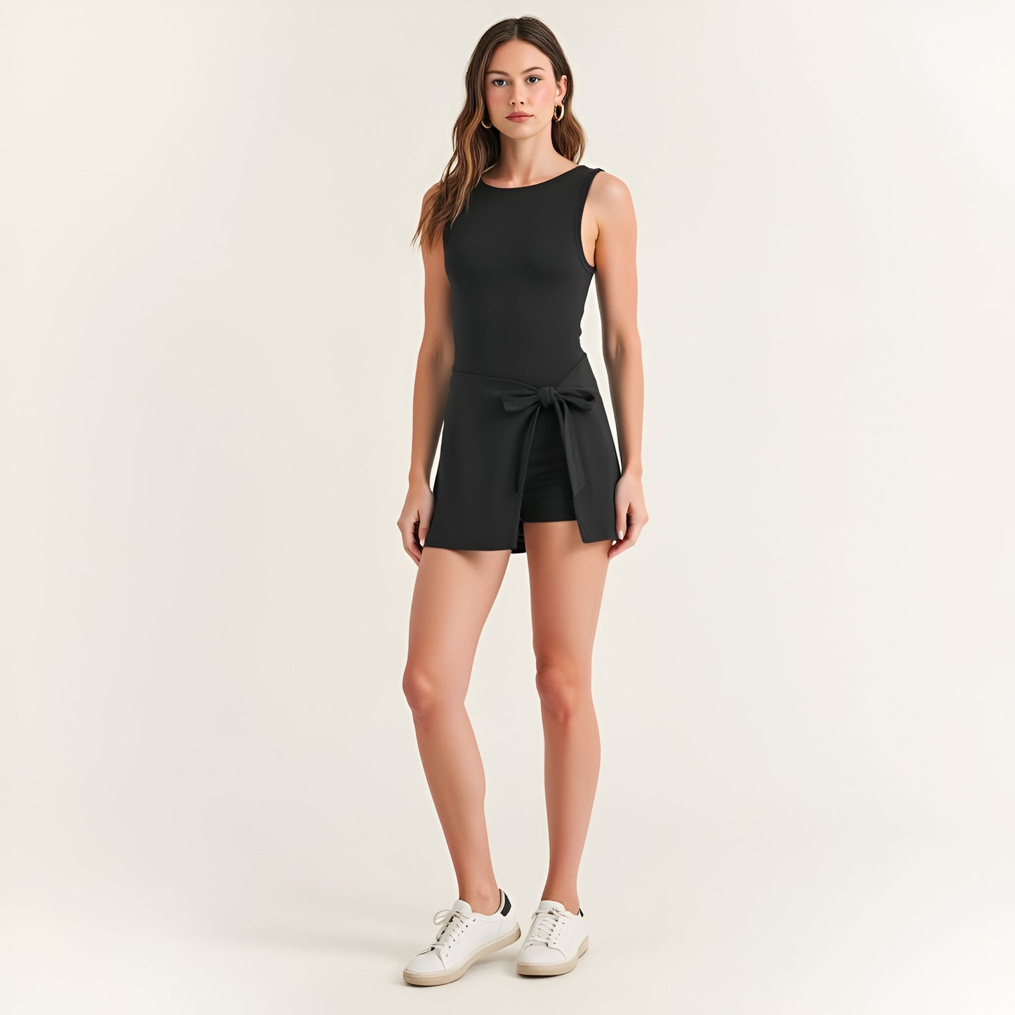 Sleeveless One-Piece Active Dress with Faux Wrap Skirt and Side Tie Detail