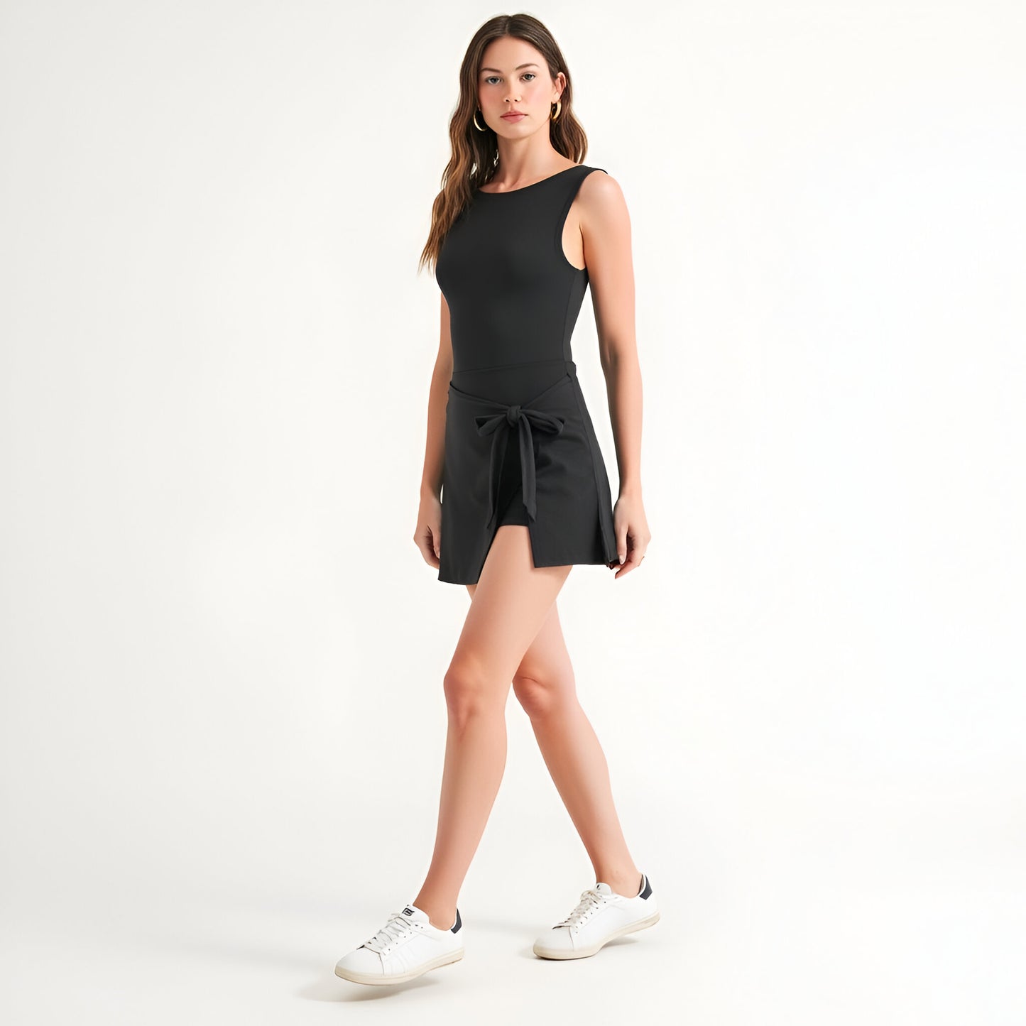 Sleeveless One-Piece Active Dress with Faux Wrap Skirt and Side Tie Detail
