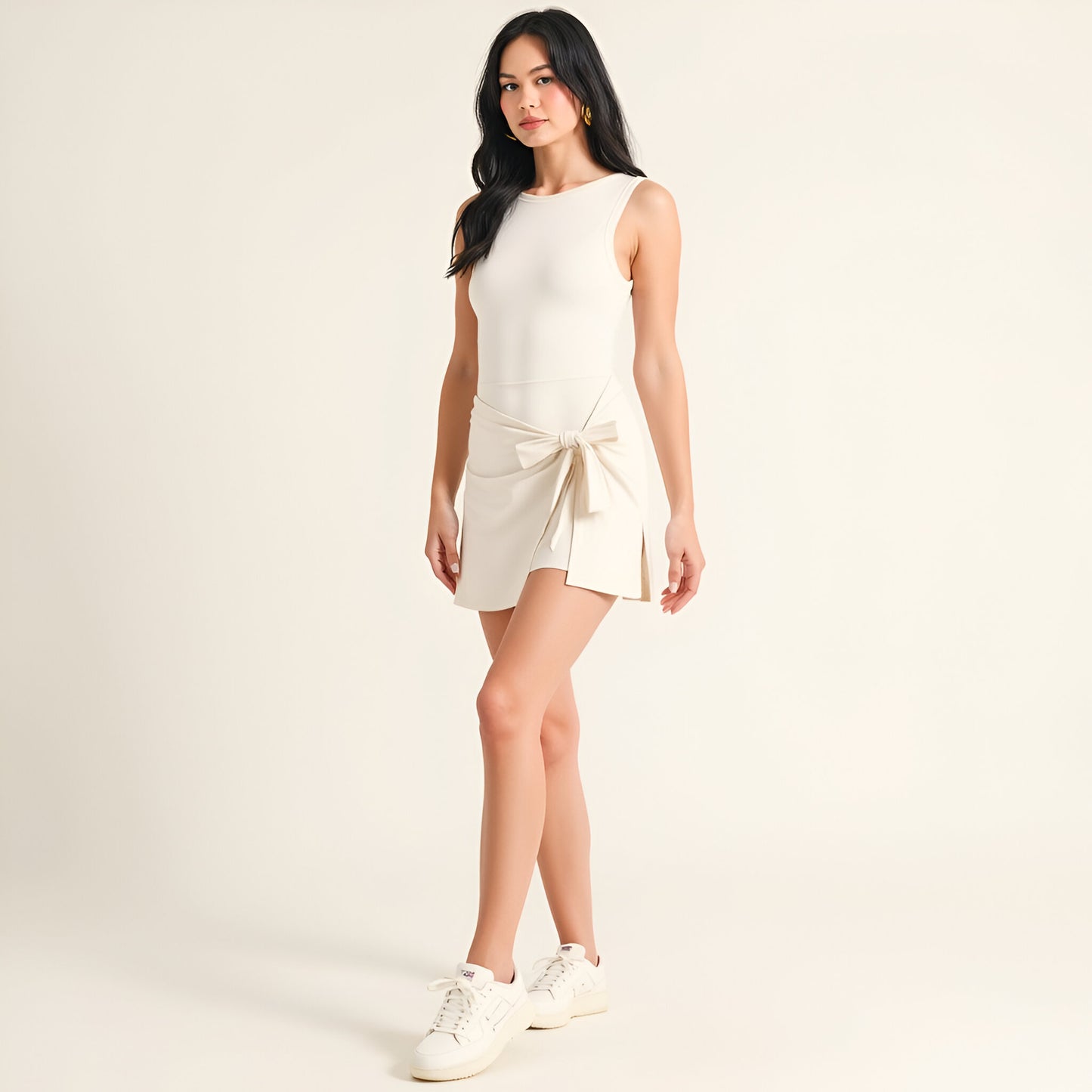 Sleeveless Active Romper with Side Tie Skirt Overlay and Crew Neckline