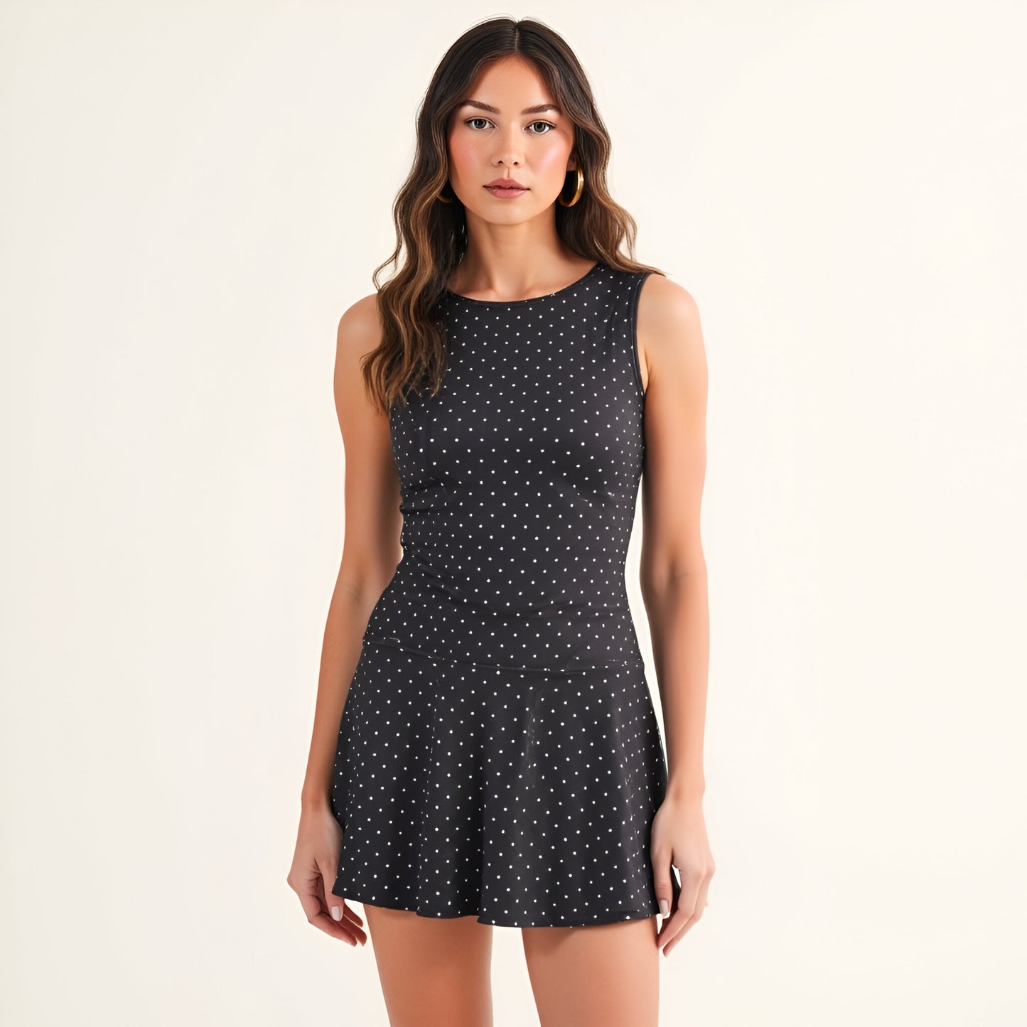Sleeveless Polka Dot Knit Dress with Drop Waist