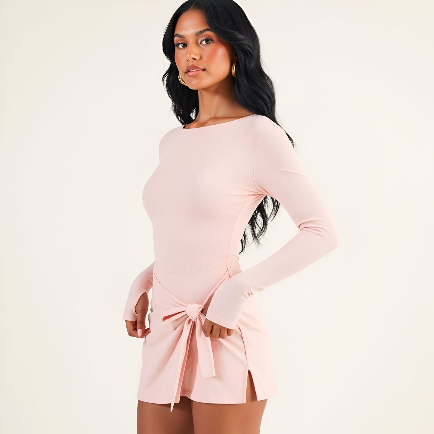 Sleeveless Active Romper with Side Tie Skirt Overlay and Scoop Neckline