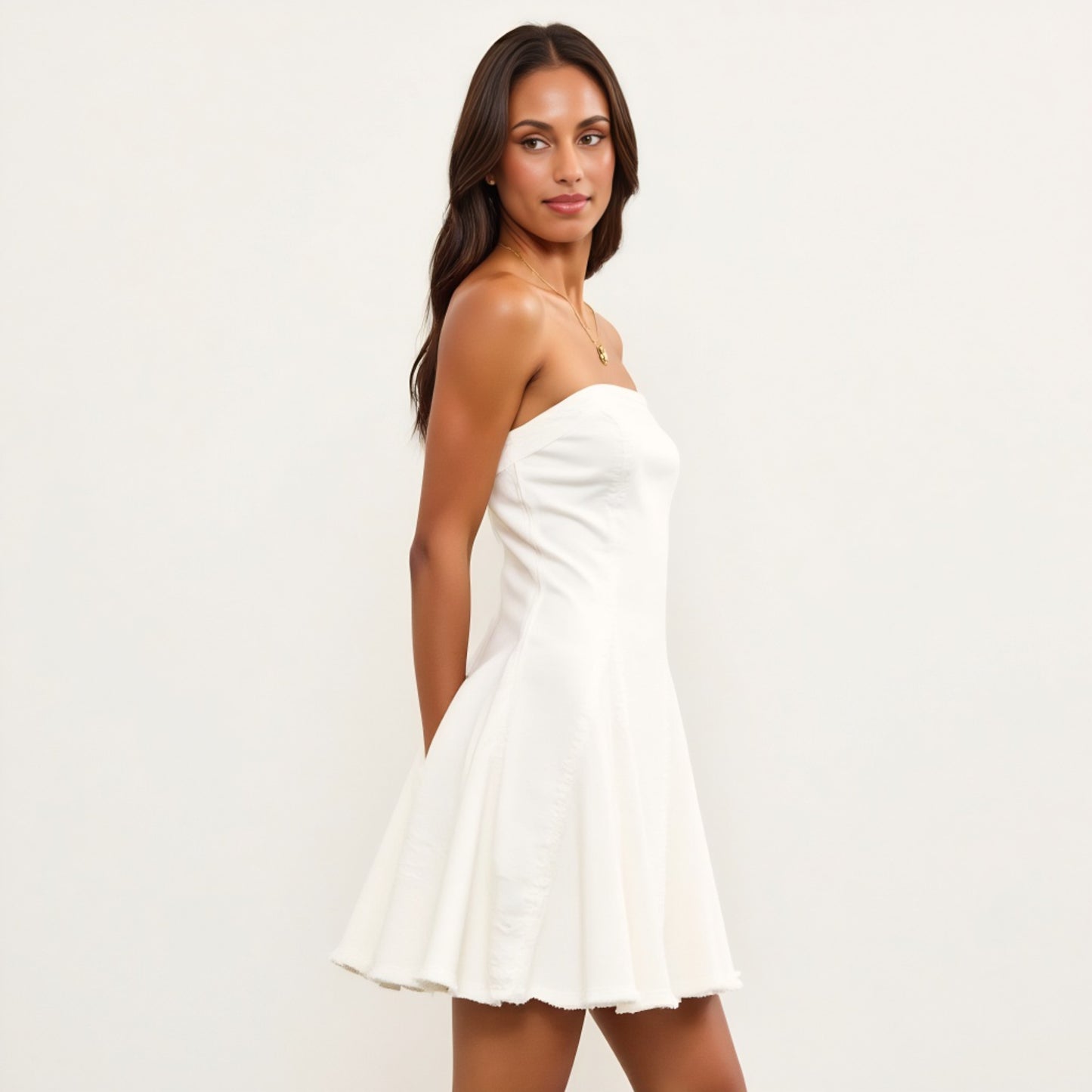 Strapless Fit-and-Flare Mini Denim Dress with Raw Edge Hem Detail