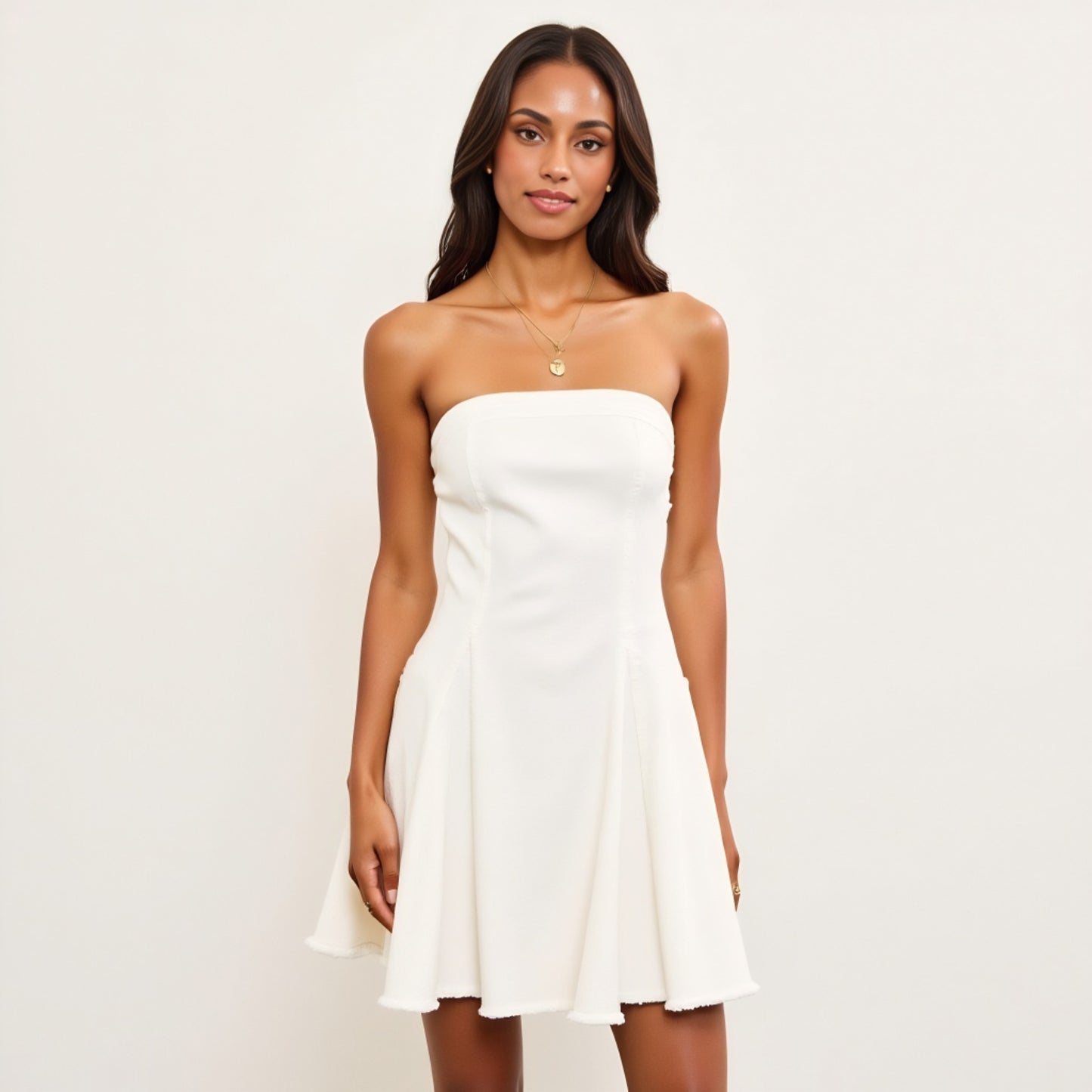 Strapless Fit-and-Flare Mini Denim Dress with Raw Edge Hem Detail